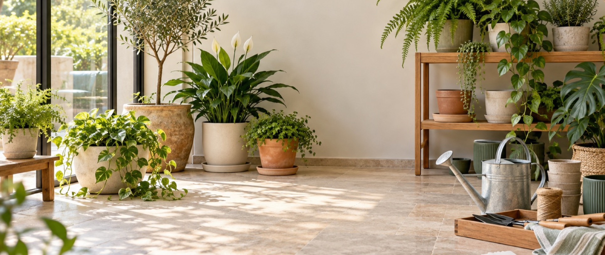A bright plant corner with plain pots, watering tools and support accessories
