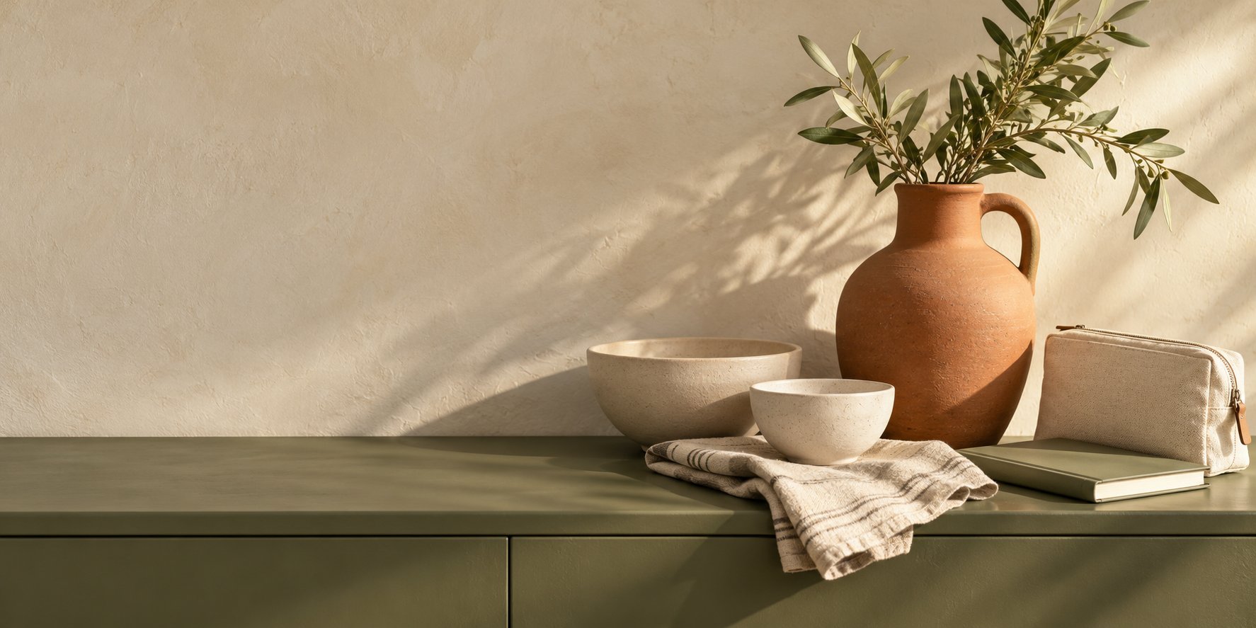 Terracotta and ivory ceramics, linen and everyday accessories on an olive console