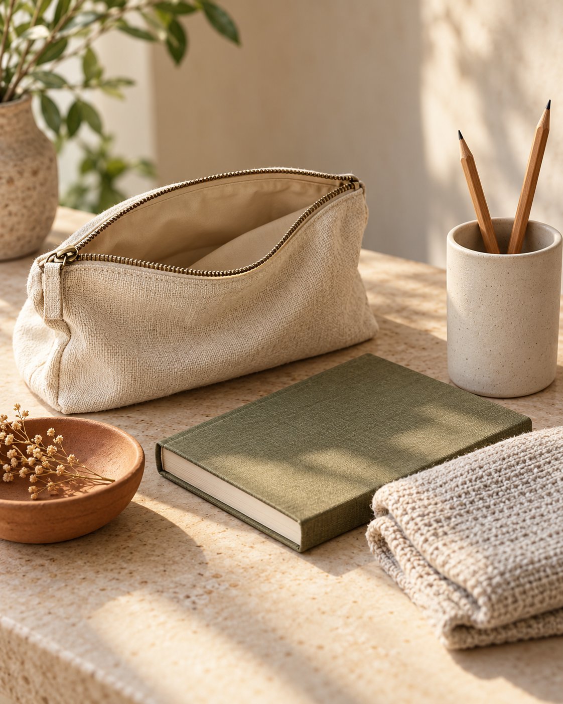 Canvas pouch, olive notebook, ivory pencil cup and linen on a pale stone tabletop