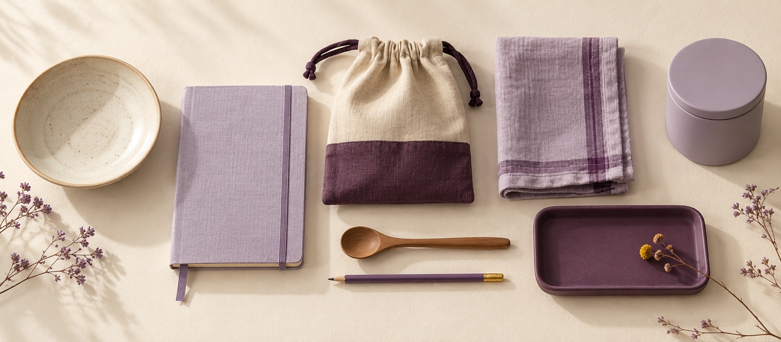 Curated everyday goods arranged across a warm tabletop