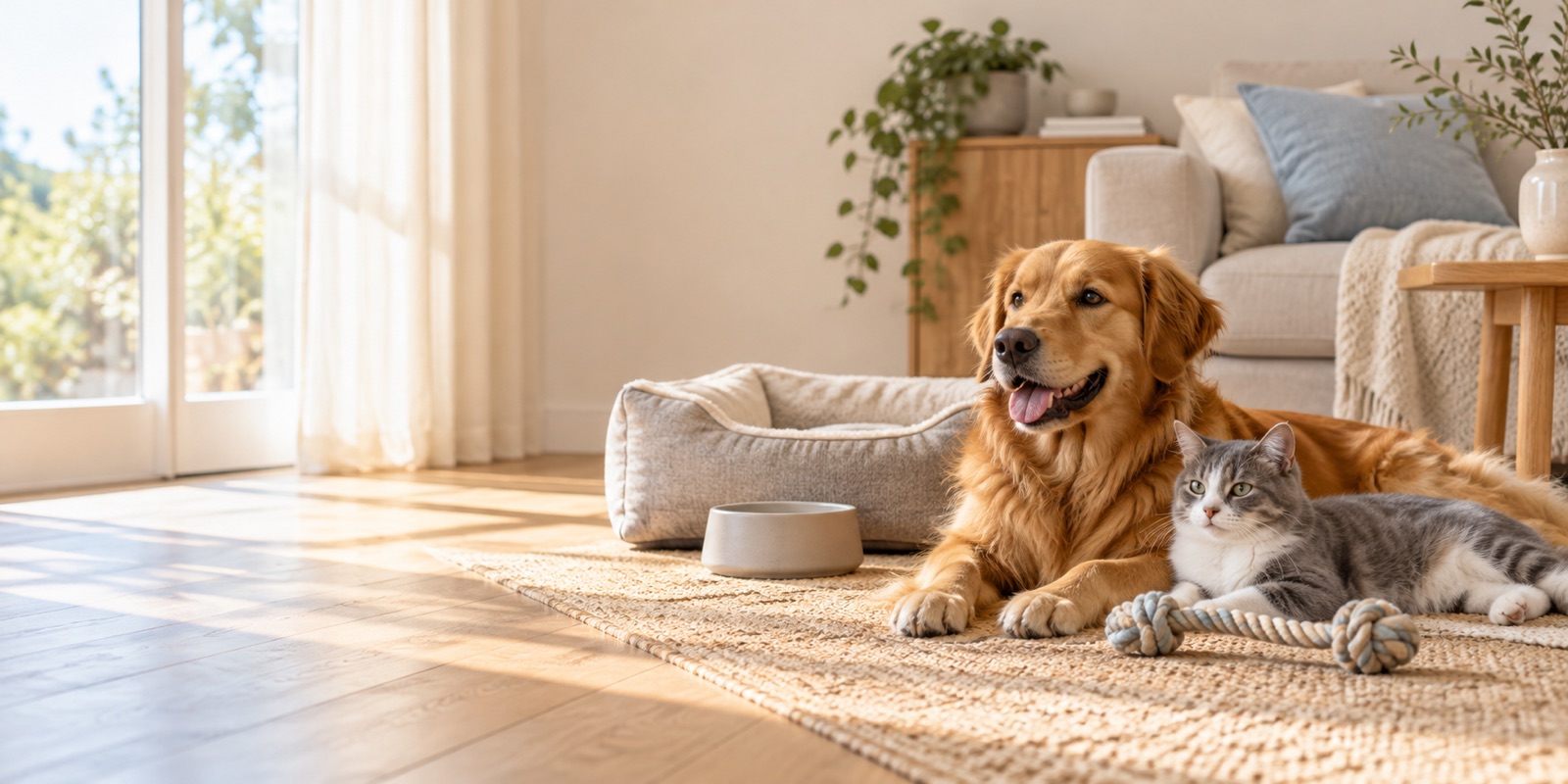 Dog and cat in a calm home setting with everyday pet accessories