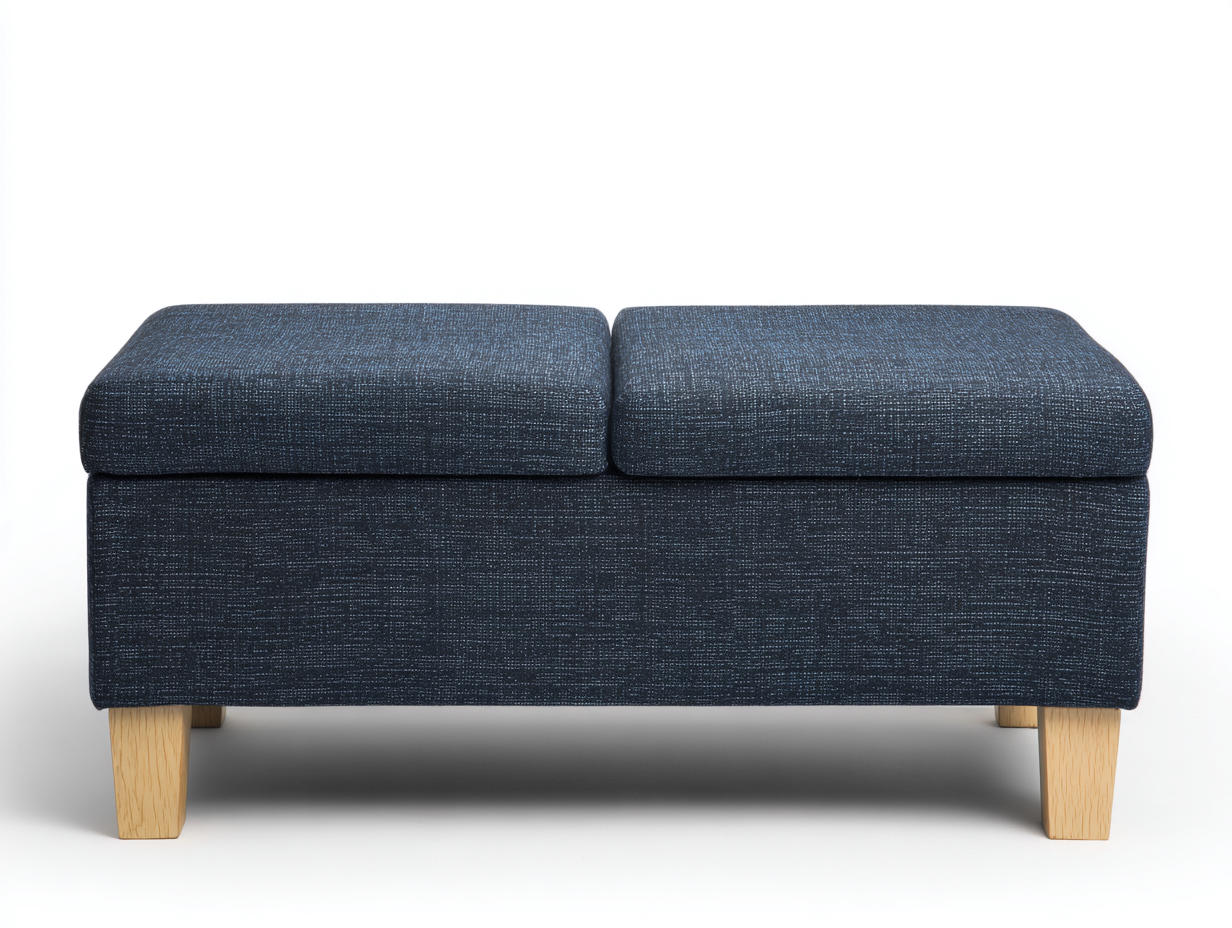 Pedal Sitzhocker 105x45x48 cm - Stoff Dunkelblau und Holz Natur - Stauraum mit geteiltem Deckel-Vivanonest