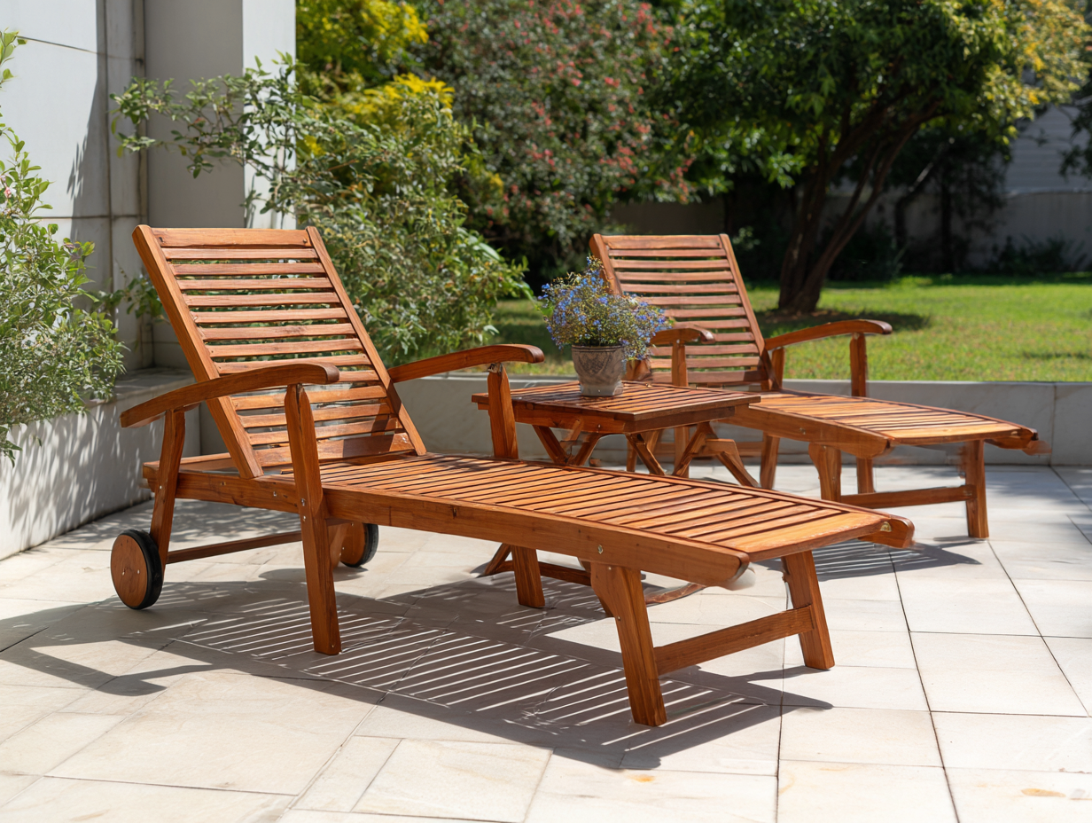 Liegesessel Set 200x68x95 cm - Akazienholz Braun - 2 Liegen mit Armlehnen und Tisch für Terrasse-Vivanonest