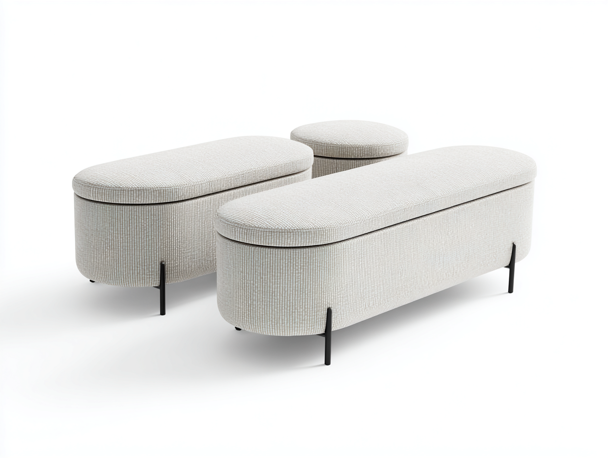 3er-Set Pedal-Hocker mit Stauraum aus Strukturstoff 110×45×45 cm und 50×50×45 cm – Creme/Schwarz – gepolsterte Deckel für Wohnzimmer-Vivanonest