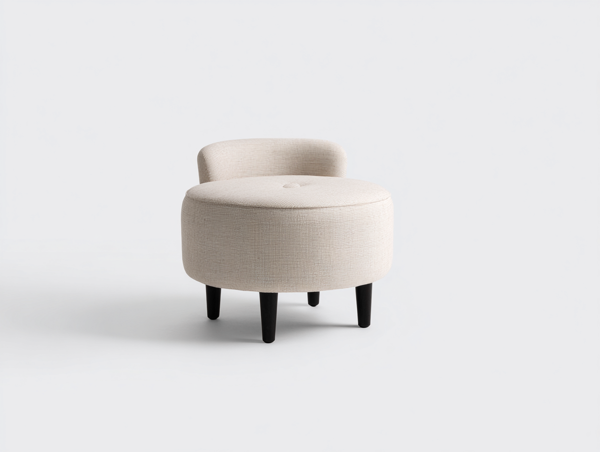 Pedal-Hocker aus Strukturstoff und Holz 62×60×58 cm – Creme/Dunkelbraun – runde Auflage mit Rückenbügel für Wohnzimmer-Vivanonest