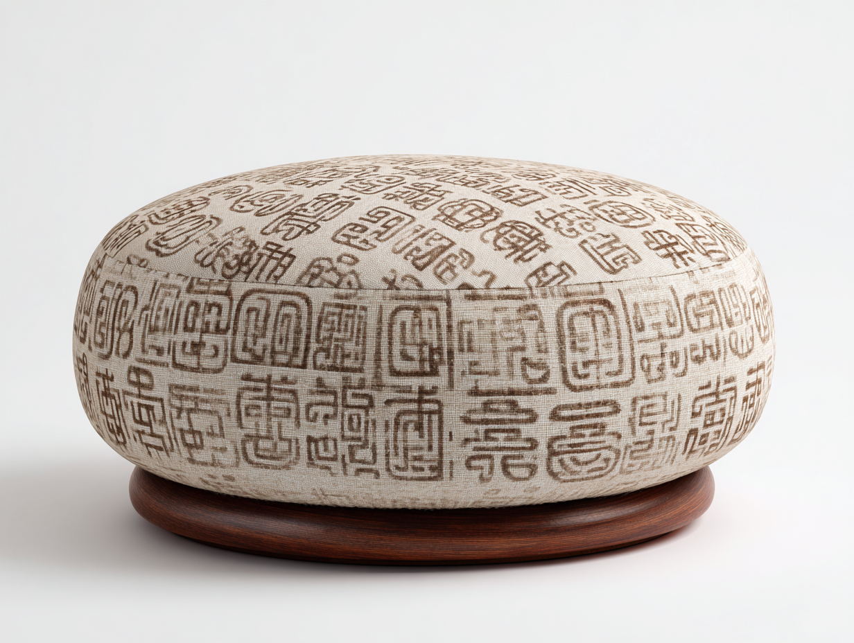 Pedal Polsterhocker 82x78x41 cm - Leinenoptik Beige und Holz Dunkelbraun - flache Kuppelform mit Zeichenornament-Vivanonest