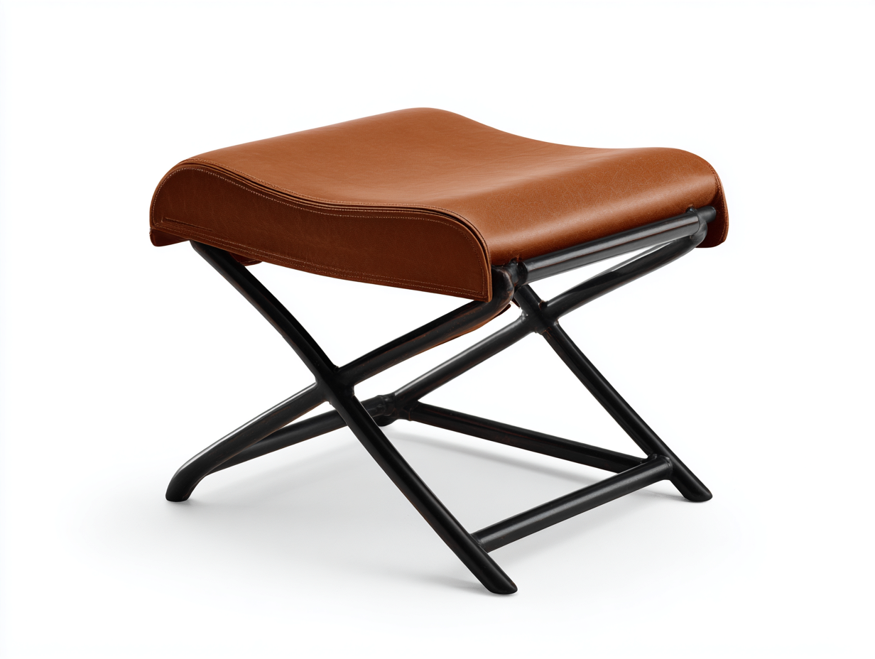Pedale 60×45×45 cm - pelle marrone cuoio e metallo nero - seduta curva con telaio incrociato per camera da letto-Zazosadecor