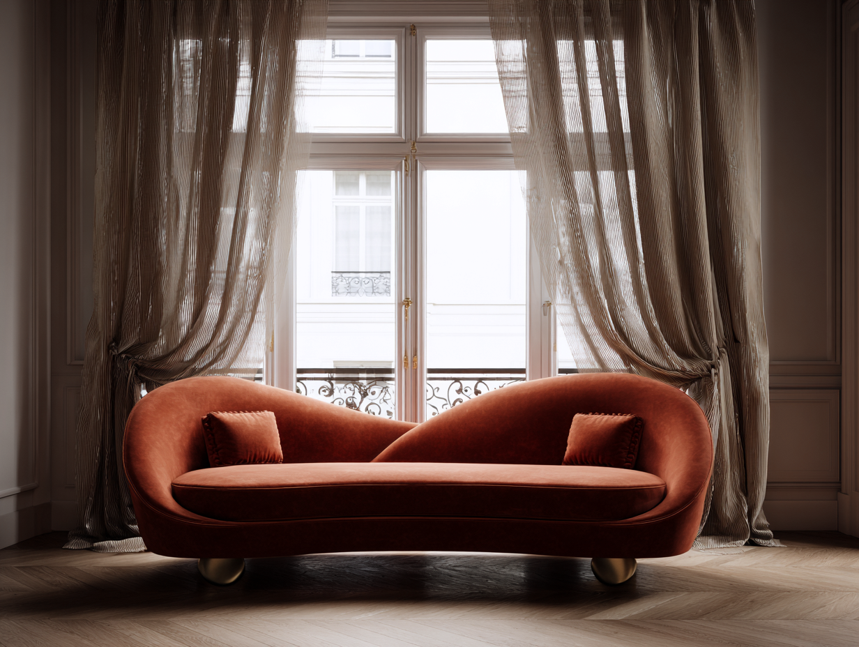 Divano sagomato 3 posti 235×95×82 cm - velluto terracotta - schienale ondulato con piedini ottone per soggiorno-Zazosadecor