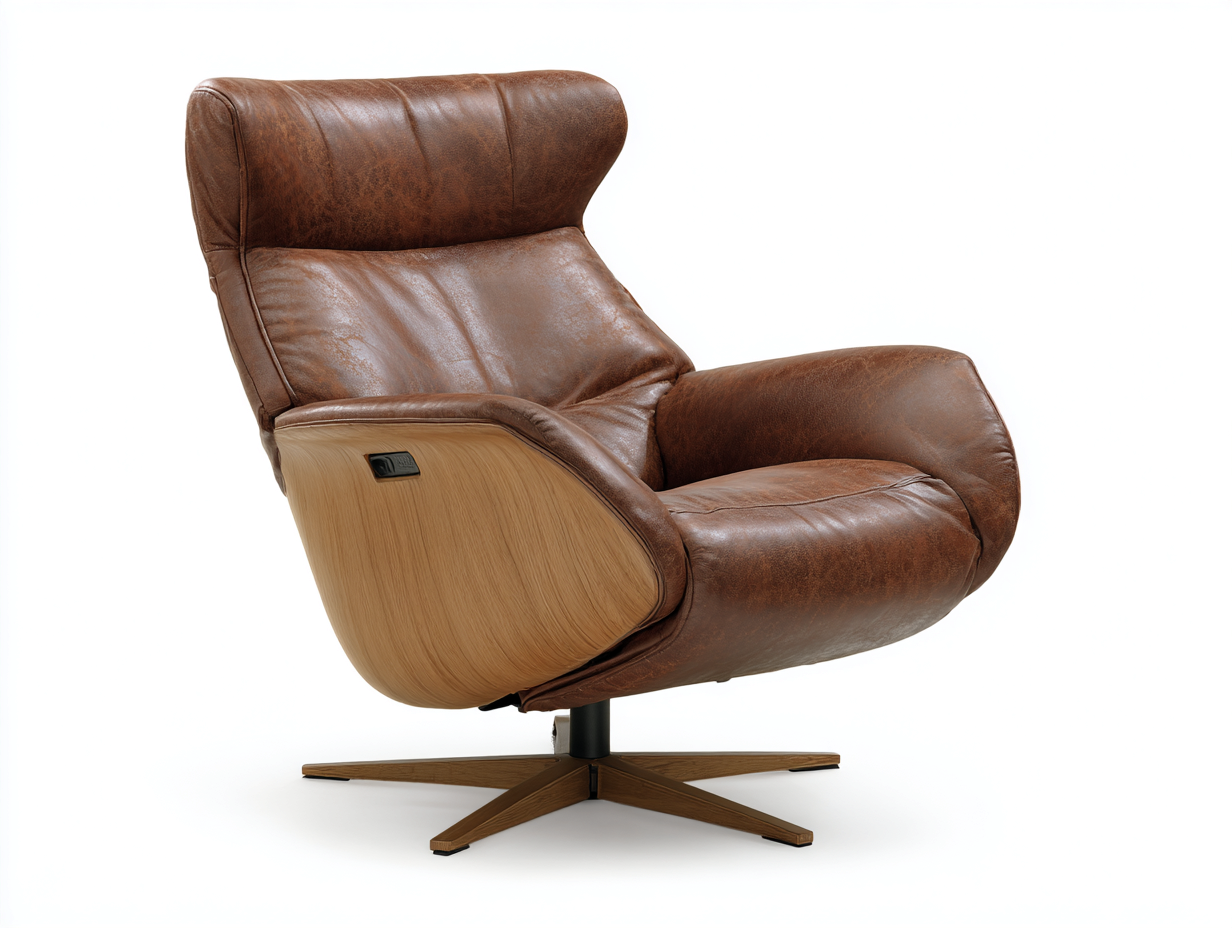 Poltrona relax reclinabile 84×88×110 cm - pelle marrone e legno noce - base girevole per soggiorno-Zazosadecor