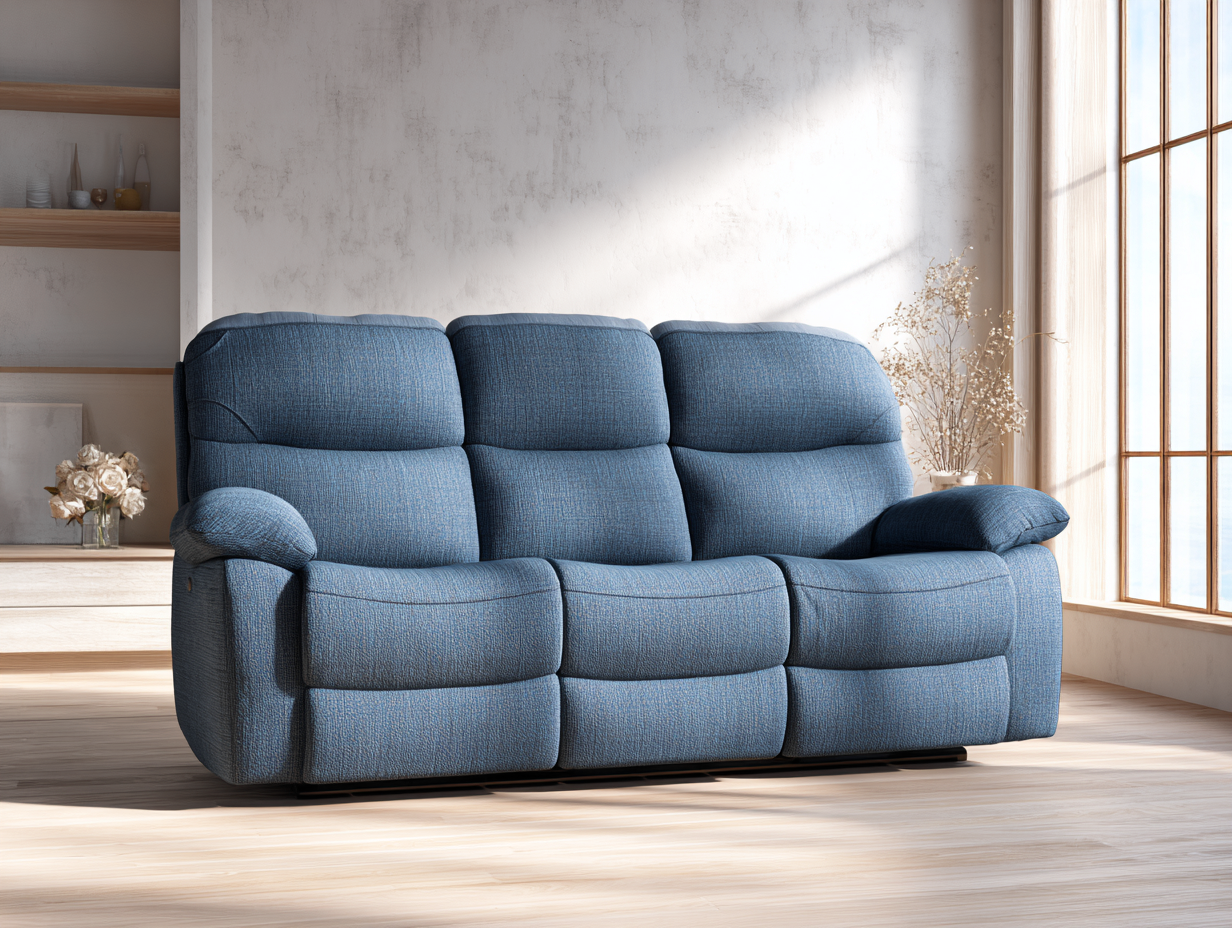 Divano relax 3 posti 218×99×107 cm - tessuto blu denim - sedute reclinabili con poggiapiedi per soggiorno-Zazosadecor