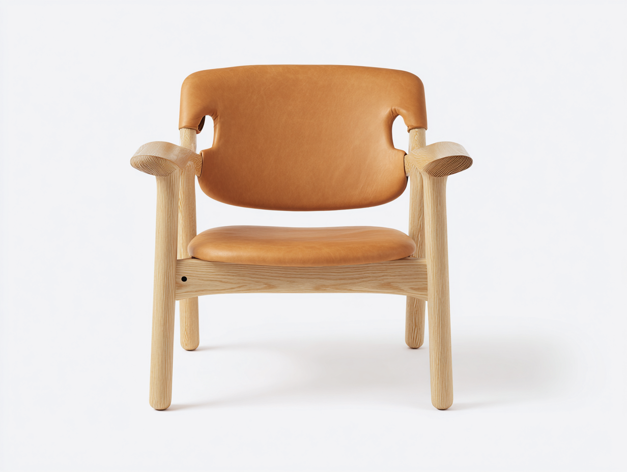 Poltrona 72×76×80 cm - pelle color cuoio e legno rovere chiaro - struttura aperta in stile nordico per Soggiorno-Zazosadecor
