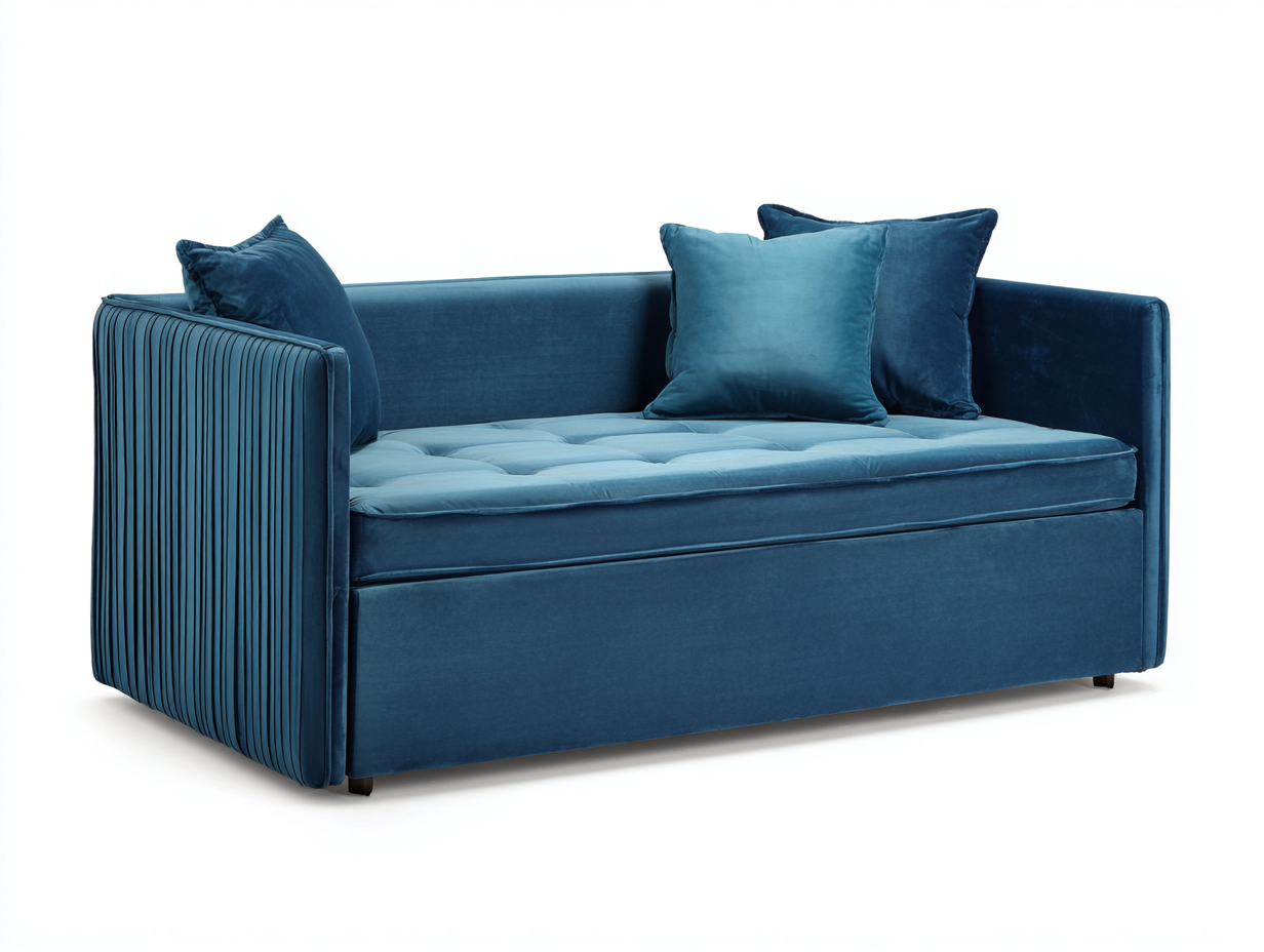 Divano letto 198×90×80 cm - velluto blu petrolio - seduta trapuntata con base estraibile per camera da letto-Zazosadecor