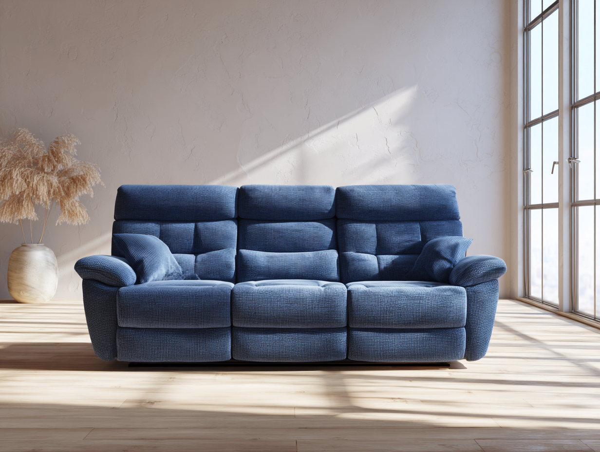 Divano 3 posti 224×98×104 cm - tessuto blu denim - schienale alto imbottito per soggiorno-Zazosadecor