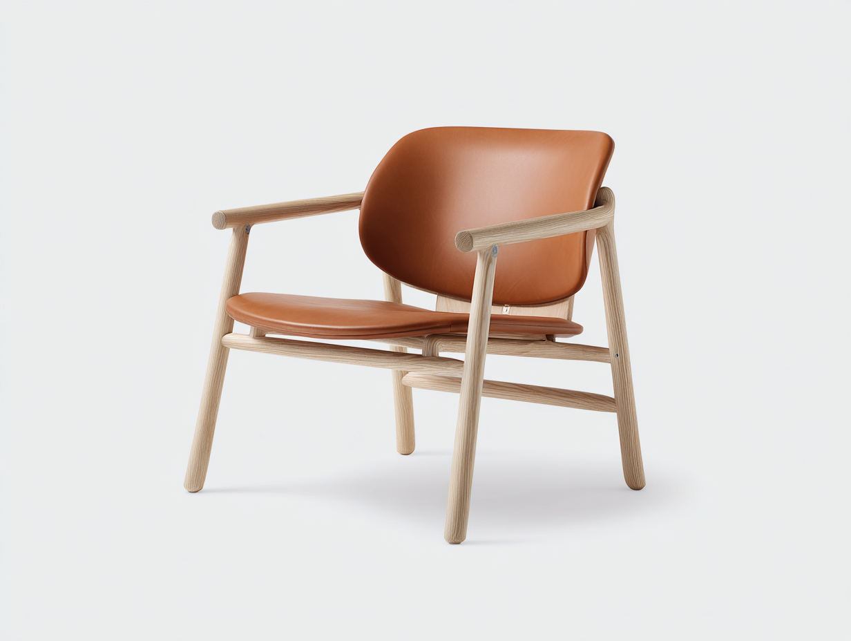 Poltrona 72×78×82 cm - pelle cognac e rovere chiaro - schienale sagomato con telaio inclinato per soggiorno-Zazosadecor
