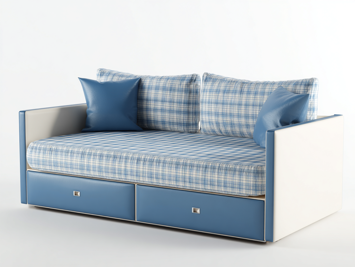 Divano 190×92×88 cm - tessuto azzurro e similpelle bianca - due cassetti contenitore per soggiorno-Sarovohome