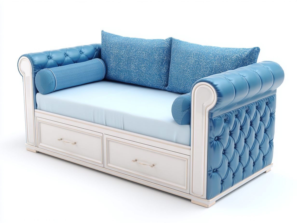 Divano contenitore 220×102×110 cm - similpelle azzurra e struttura bianca - lavorazione capitonné con 2 cassetti per Soggiorno-Sarovohome
