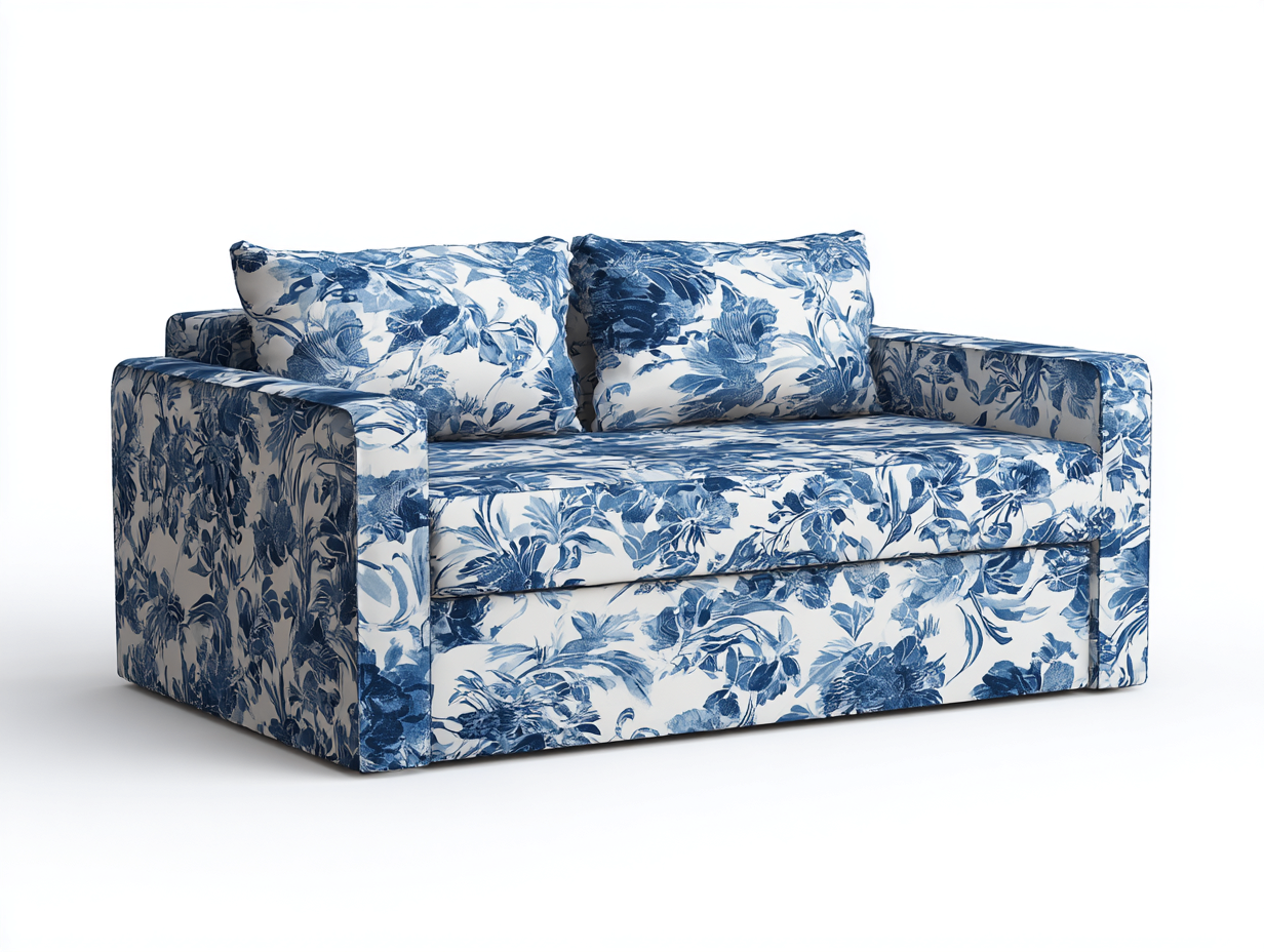 Divano 182×88×82 cm - tessuto bianco e blu floreale - seduta ampia con braccioli squadrati per soggiorno-Sarovohome