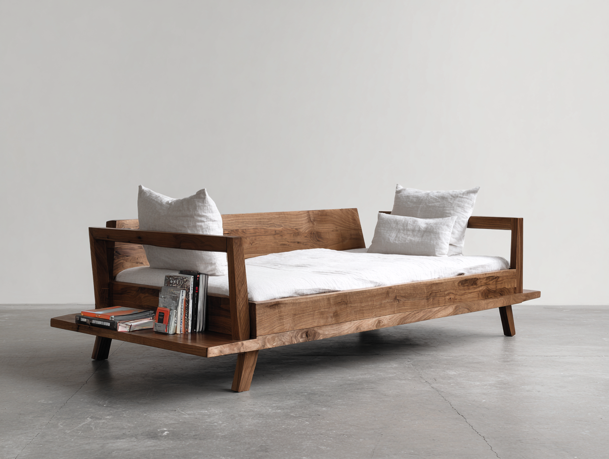 Divano Letto 230×105×85 cm - legno massello color noce e materasso bianco - ripiano laterale per Camera Da Letto-Sarovohome