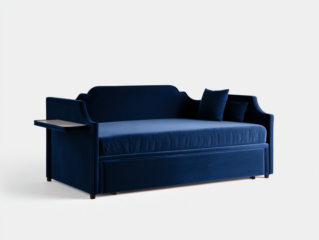 Divano Letto 210×102×88 cm - velluto blu navy - letto estraibile con ripiano laterale per camera da letto-Sarovohome