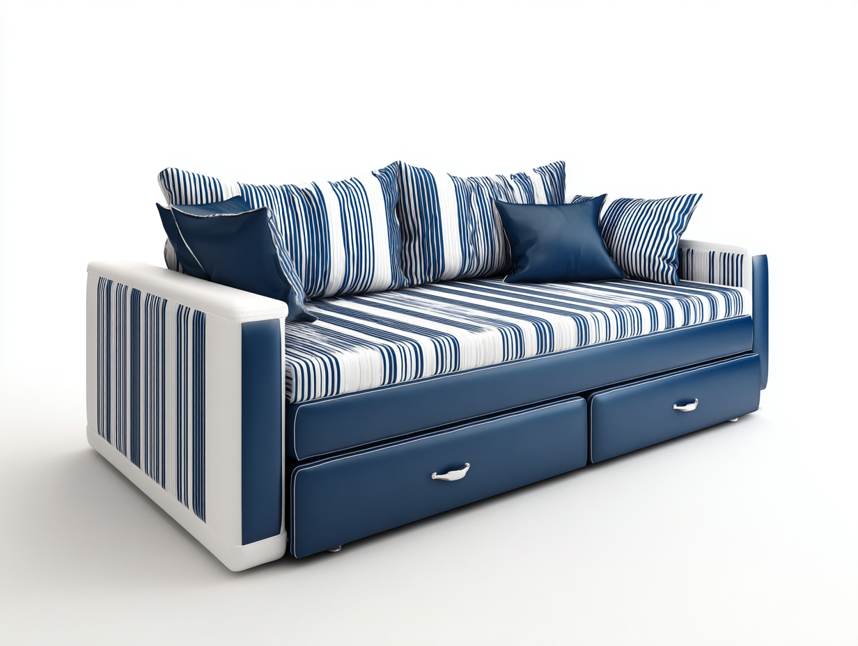 Divano 3 posti 230×105×95 cm - tessuto a righe blu e bianco - base con 2 cassetti per Soggiorno-Sarovohome