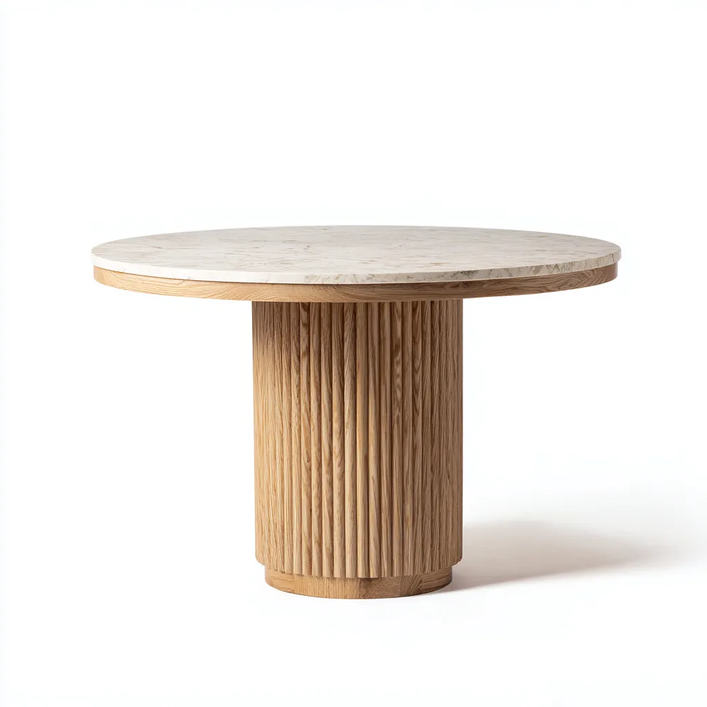 Mesa de comedor redonda 120×120×75 cm - roble claro y blanco - pedestal acanalado contemporáneo-Sinovaliving