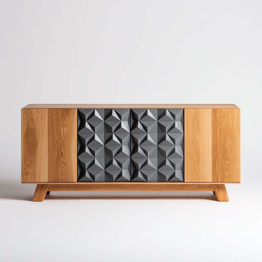 Aparador de comedor 160×40×80 cm - roble/gris - diseño geométrico con almacenamiento cerrado-Sinovaliving