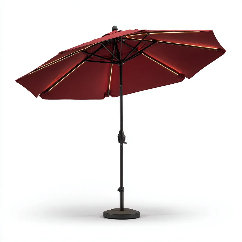 Exterior Sombrilla grande para exteriores de poliéster 300x300x262 cm - rojo oscuro - con iluminación LED y manivela-Sinovaliving