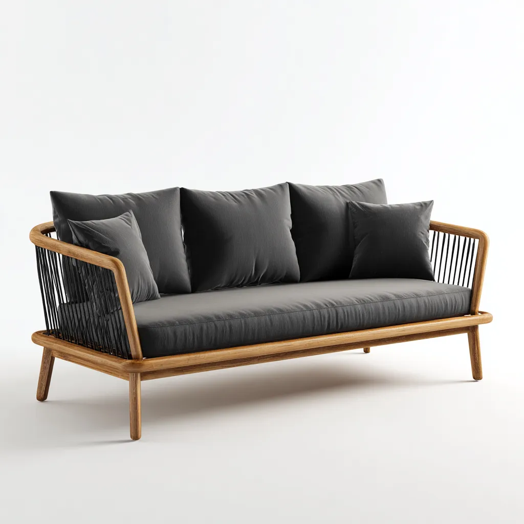 Sofá de exterior 176×80×84 cm - marrón/negro - madera curvada con cuerda y tapizado para jardín-Sinovaliving