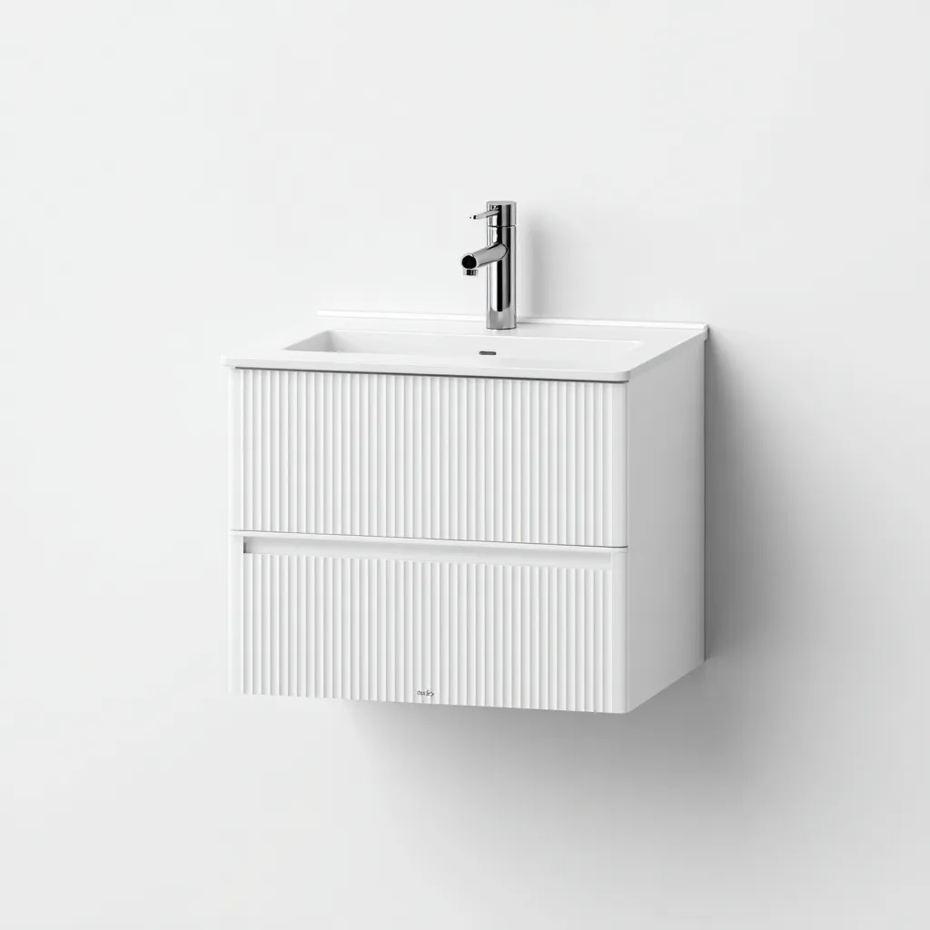Lavabo de baño suspendido con mueble estriado 60×46×52 cm - blanco - compacto para almacenaje diario-Sinovaliving
