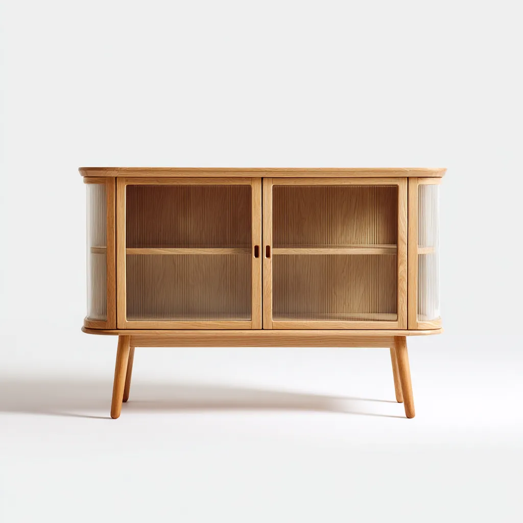 Aparador de comedor 125×42×85 cm - madera clara - puertas de vidrio con diseño curvo y almacenaje visible-Sinovaliving
