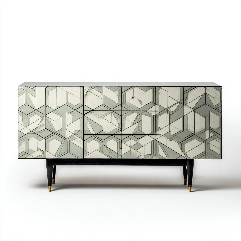 Aparador de comedor 160×42×82 cm - gris claro y negro - frente geométrico con almacenaje cerrado-Sinovaliving