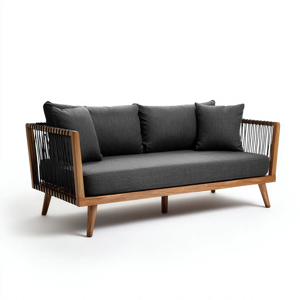 Exterior Sofá de exterior de madera y cuerda 175x82x78 cm - marrón y gris oscuro - diseño abierto para terraza-Sinovaliving