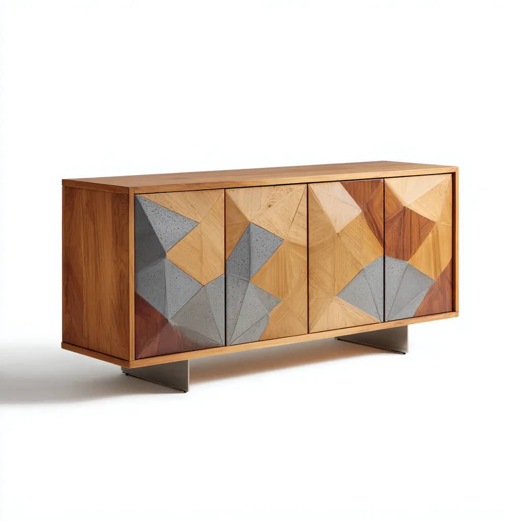 Comedor Aparador de madera 160x45x78 cm - natural y gris - frente geométrico con almacenaje-Sinovaliving