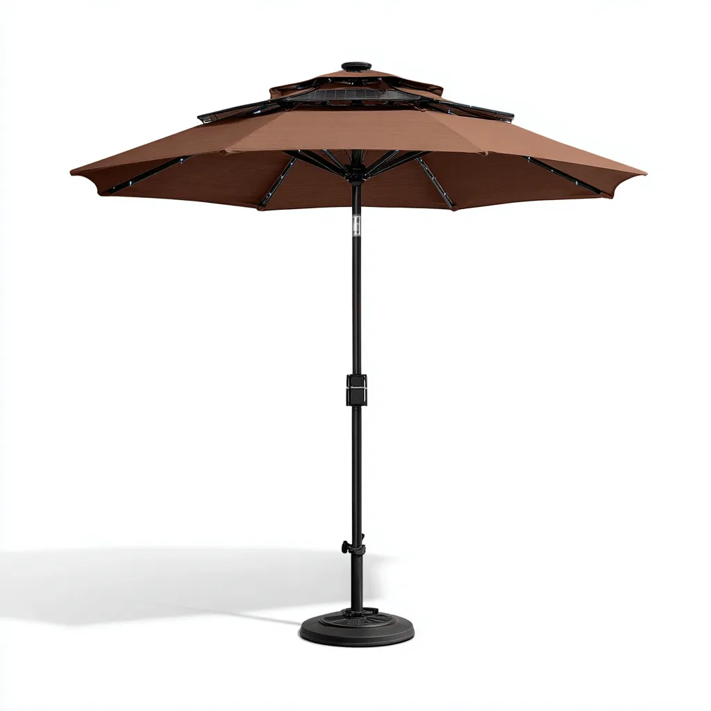 Sombrilla grande para exteriores 310×310×258 cm - marrón/negro - estructura metálica con panel solar y base para jardín-Sinovaliving
