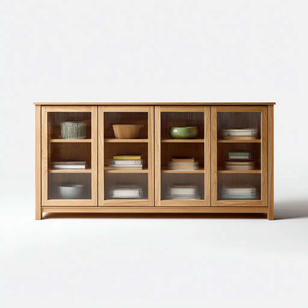 Aparador de comedor 180×42×92 cm - roble claro y vidrio - estilo vitrina contemporánea-Sinovaliving