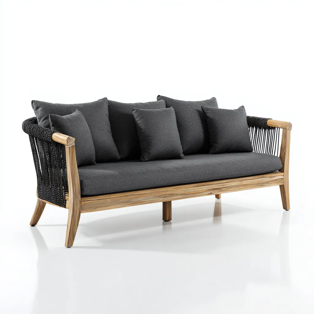 Sofá de exterior 210×82×78 cm - madera gris oscuro/negro - estructura abierta con laterales de cuerda-Sinovaliving