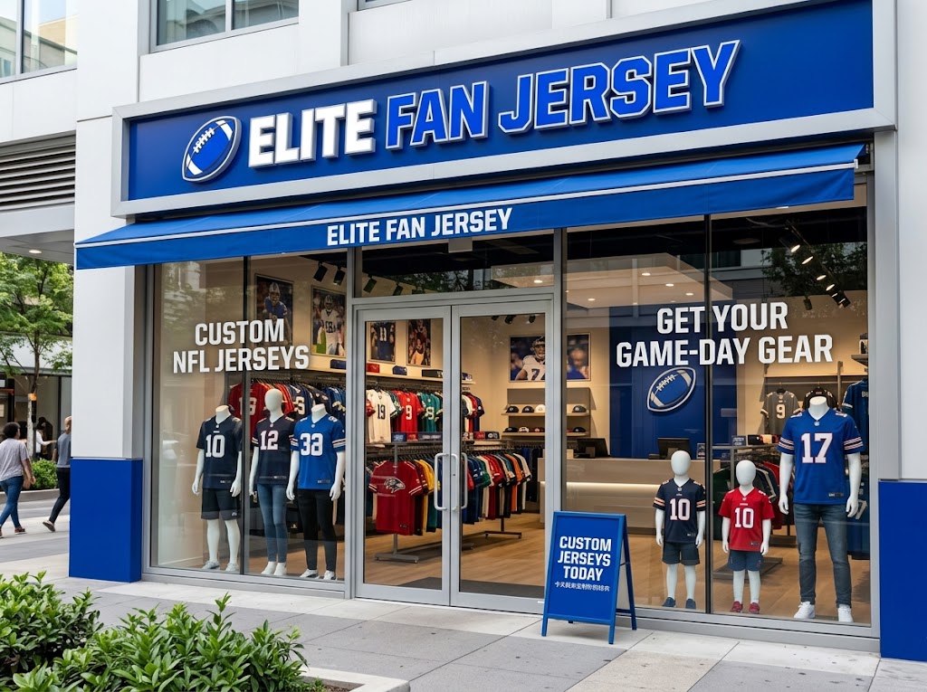 Outside the modern "ELITE FAN JERSEY" retail store specializing in custom NFL jerseys, featuring a vibrant blue awning and a large, illuminated "ELITE FAN JERSEY" sign with a football graphic. The floor-to-ceiling