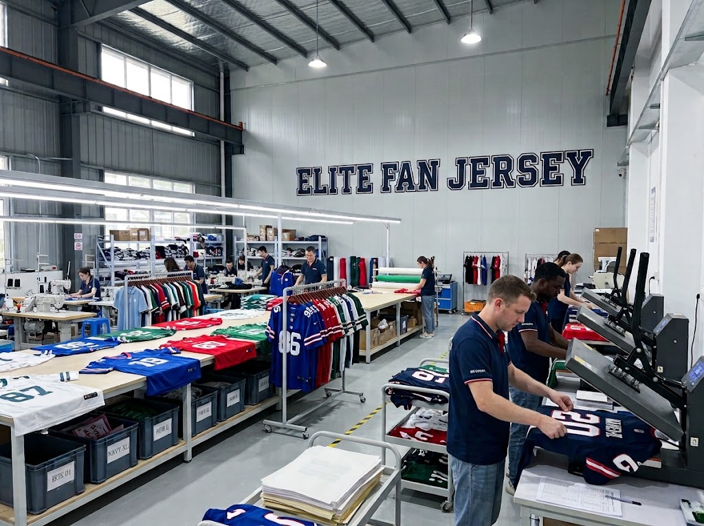 Inside the busy Elite Fan Jersey NFL custom jersey factory. Diverse European and African-American workers are using professional heat press machines and printers to customize colorful football jerseys. The neat and tidy production workshop features the "E