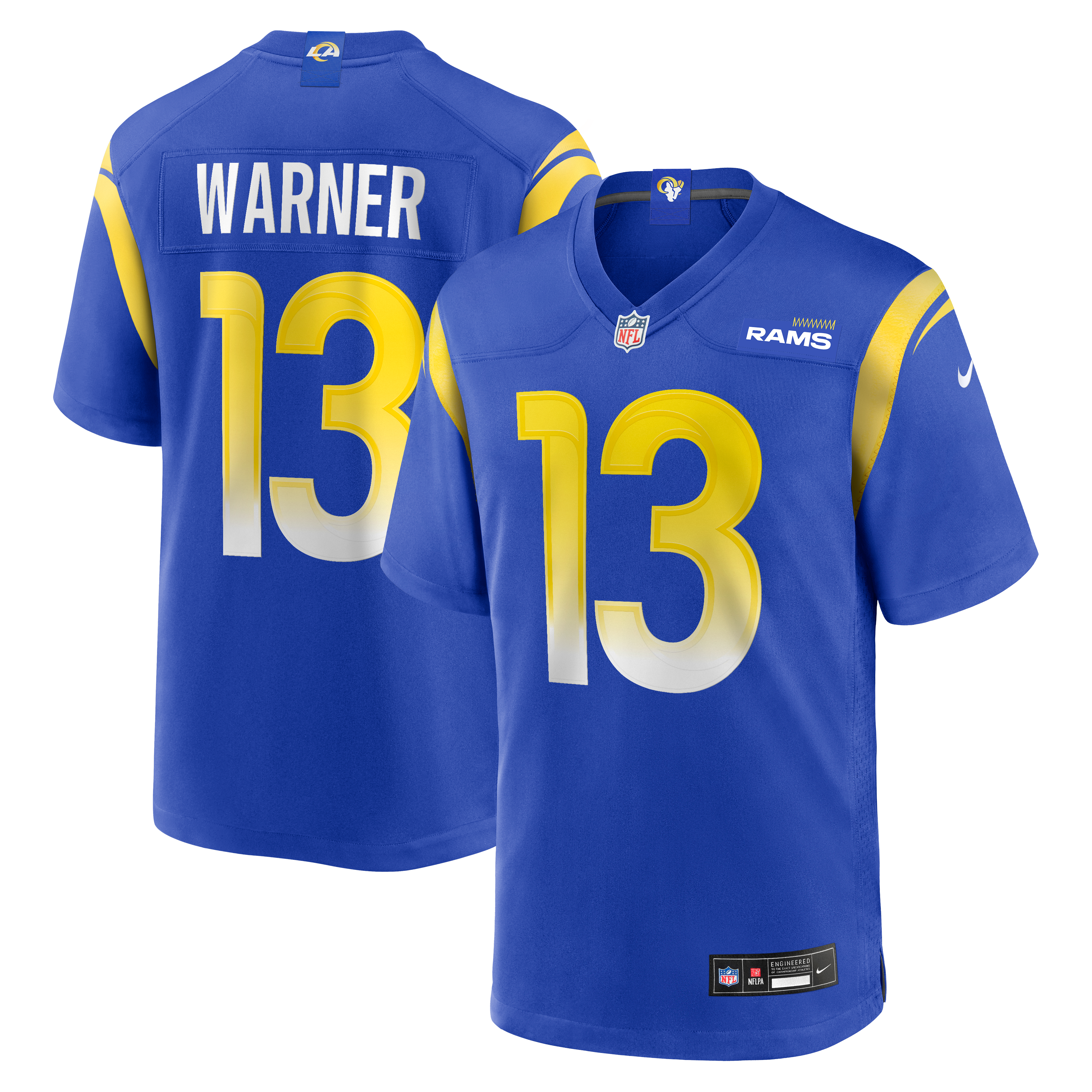 Kurt Warner Retired Los Angeles Rams Player Jersey Royal NFL Football Fan Wear Kurt Warner Retired