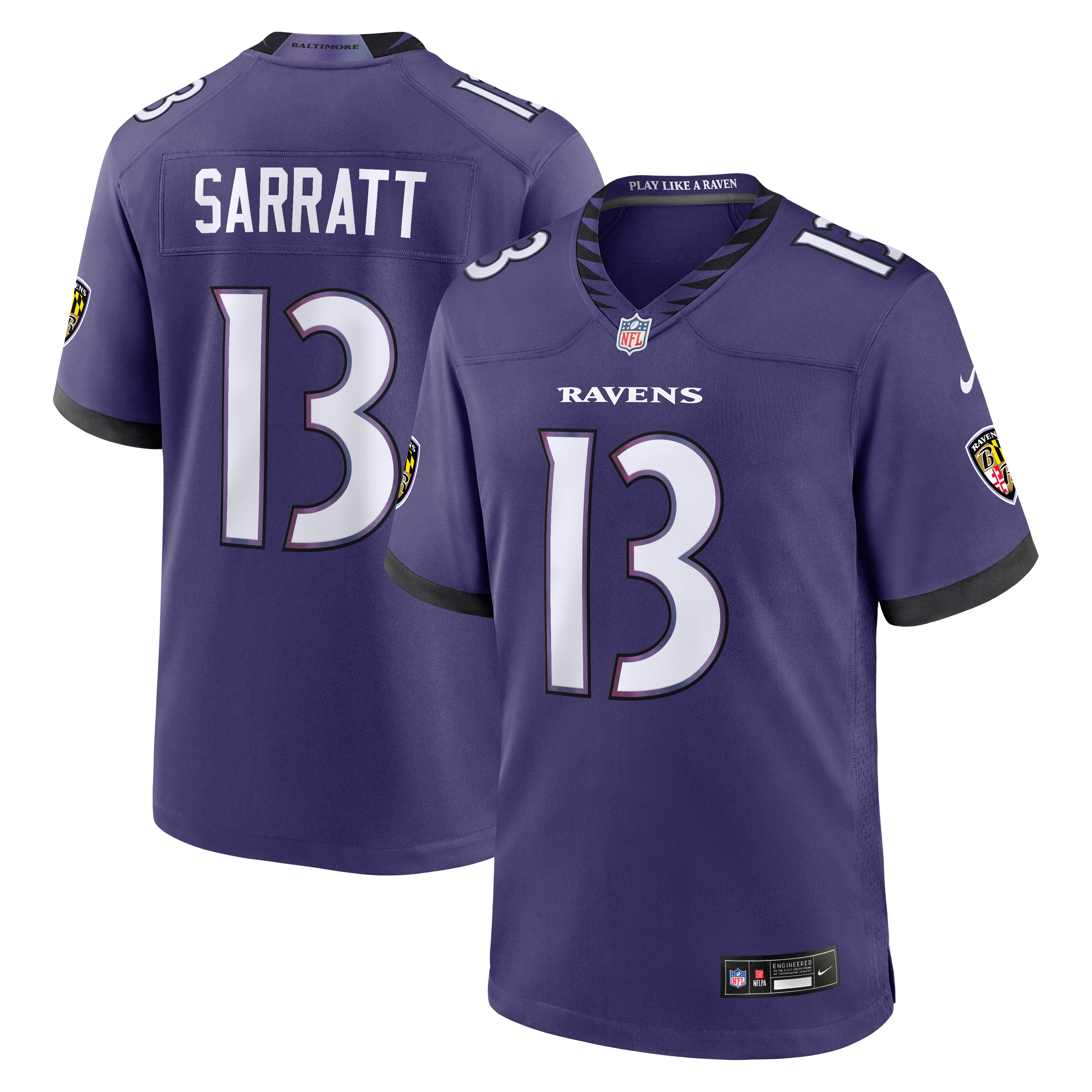 Elijah Sarratt Baltimore Ravens Game Jersey Purple NFL Football Fan Wear