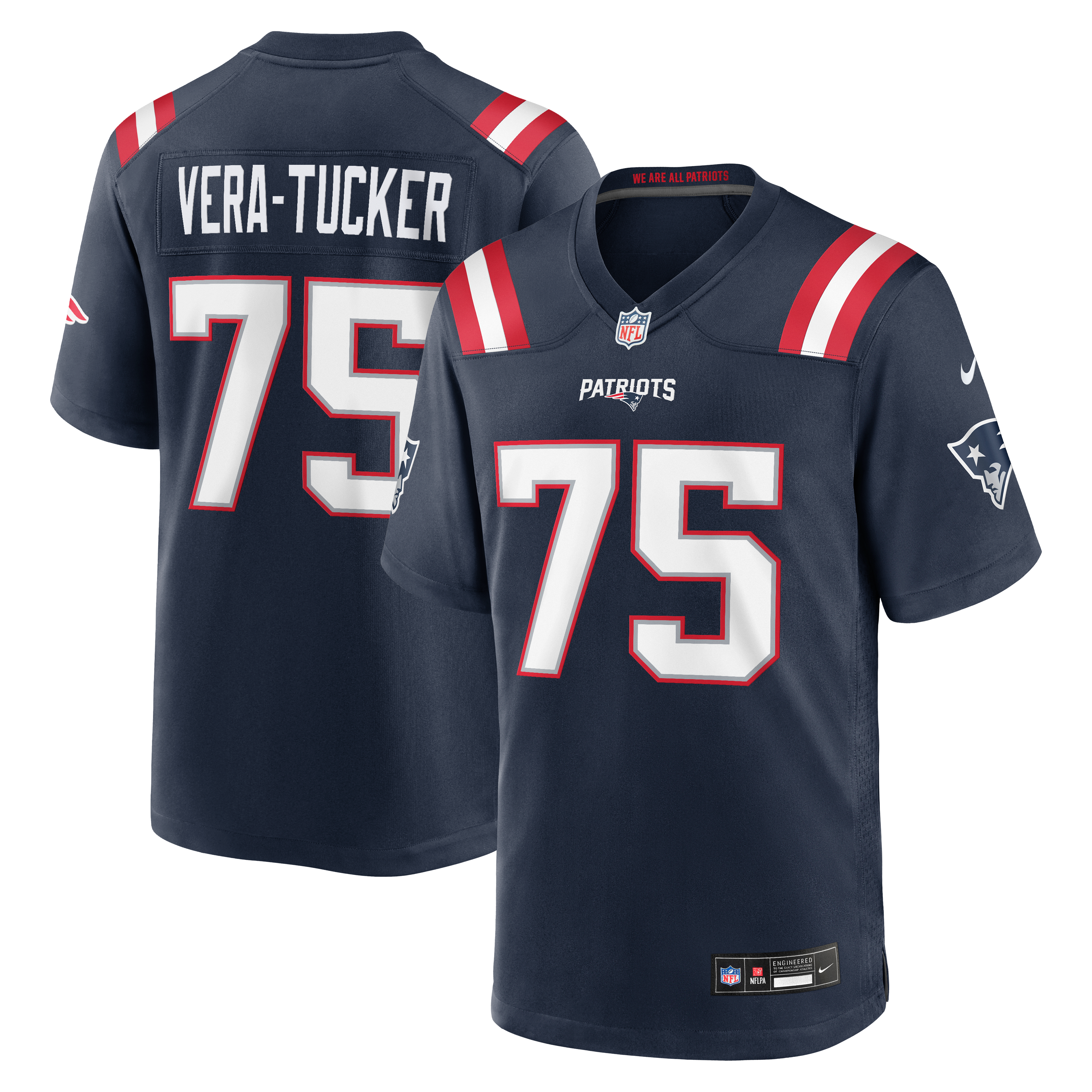 Alijah Vera-Tucker New England Patriots Game Jersey Navy NFL Football Fan Wear