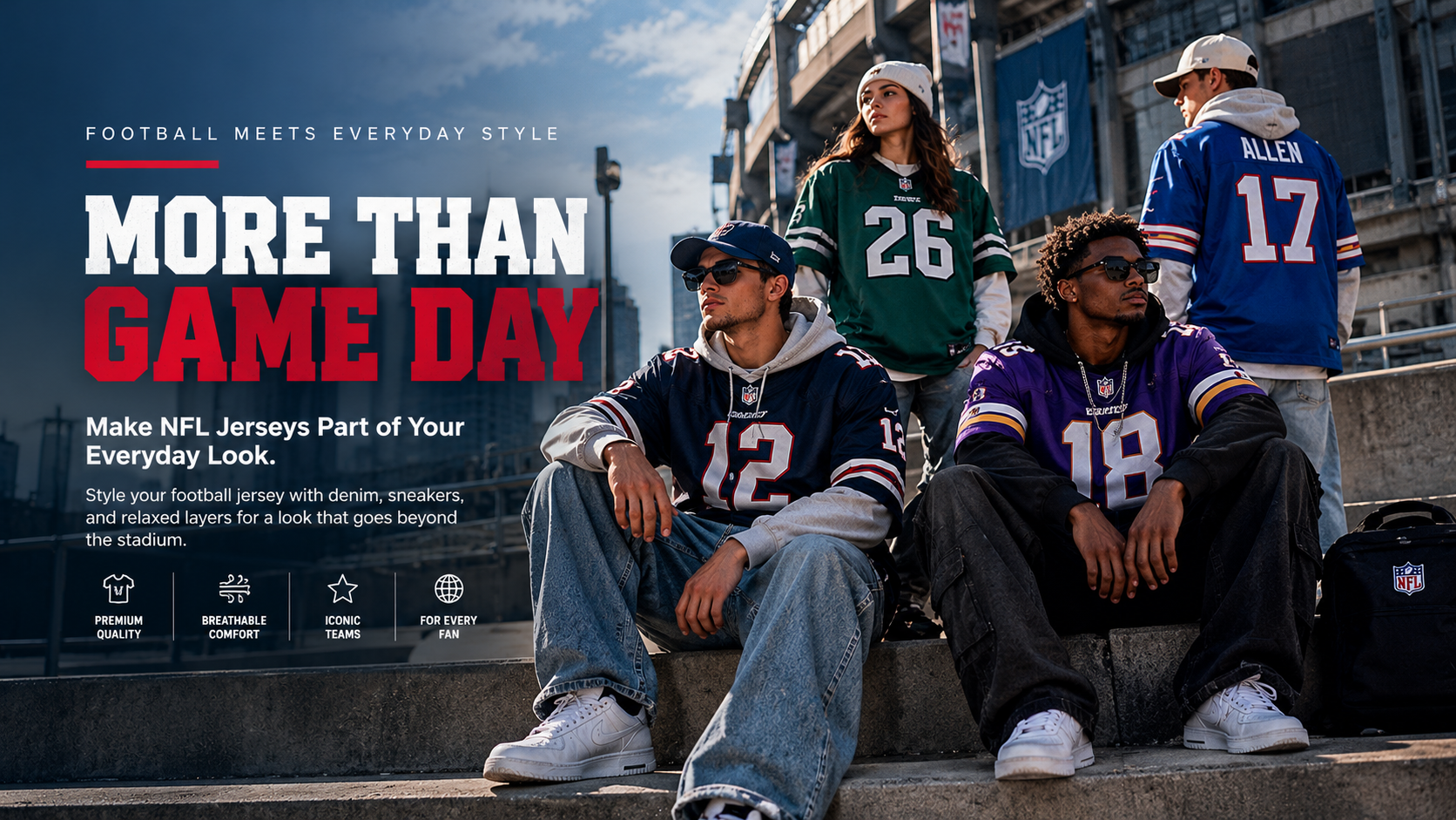 NFL jersey streetwear outfits from Elite Fan Jersey, showing football jerseys styled with jeans, sneakers, and casual layers for everyday wear and game day.