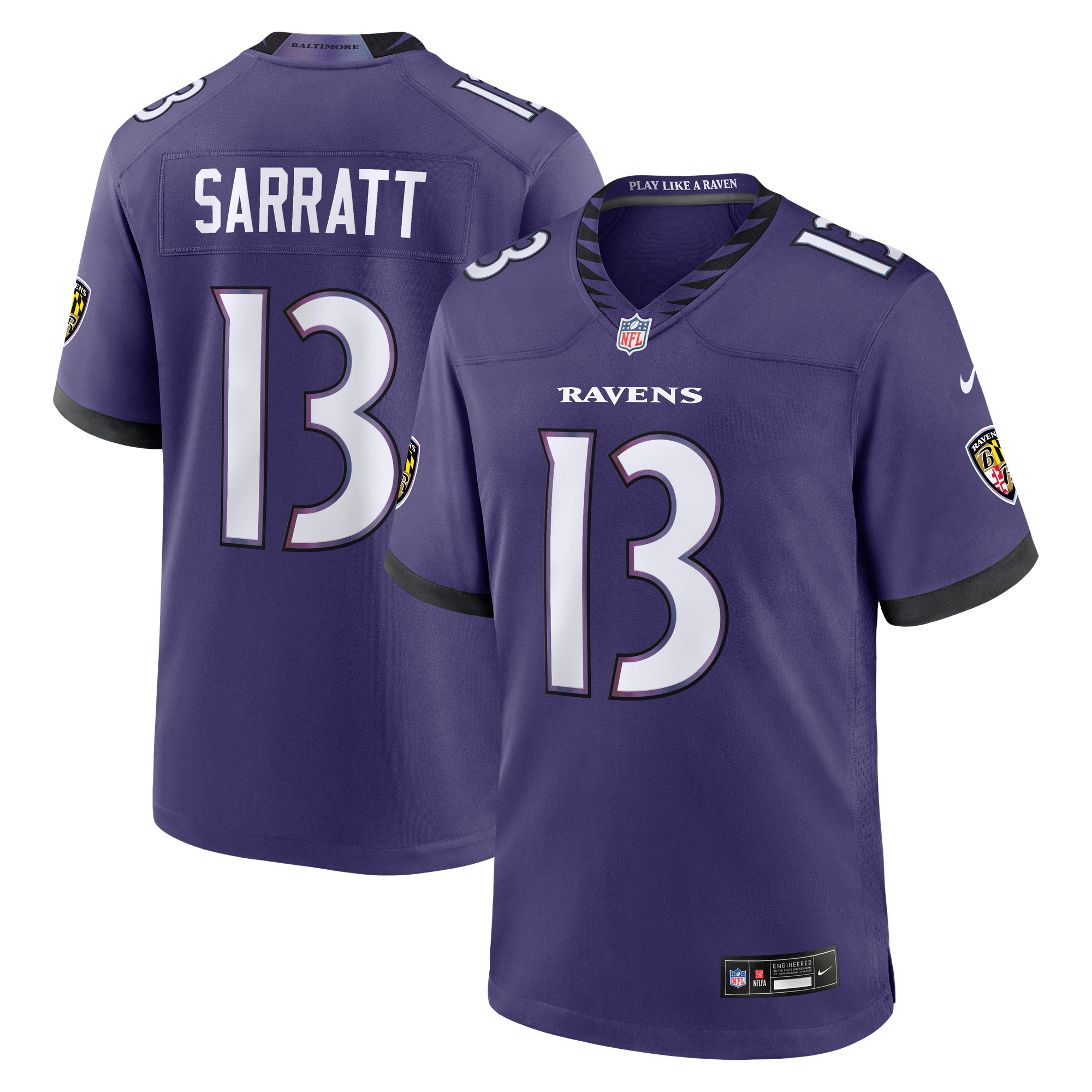 Elijah Sarratt Baltimore Ravens Game Jersey Purple NFL Football Fan Wear Elijah Sarratt