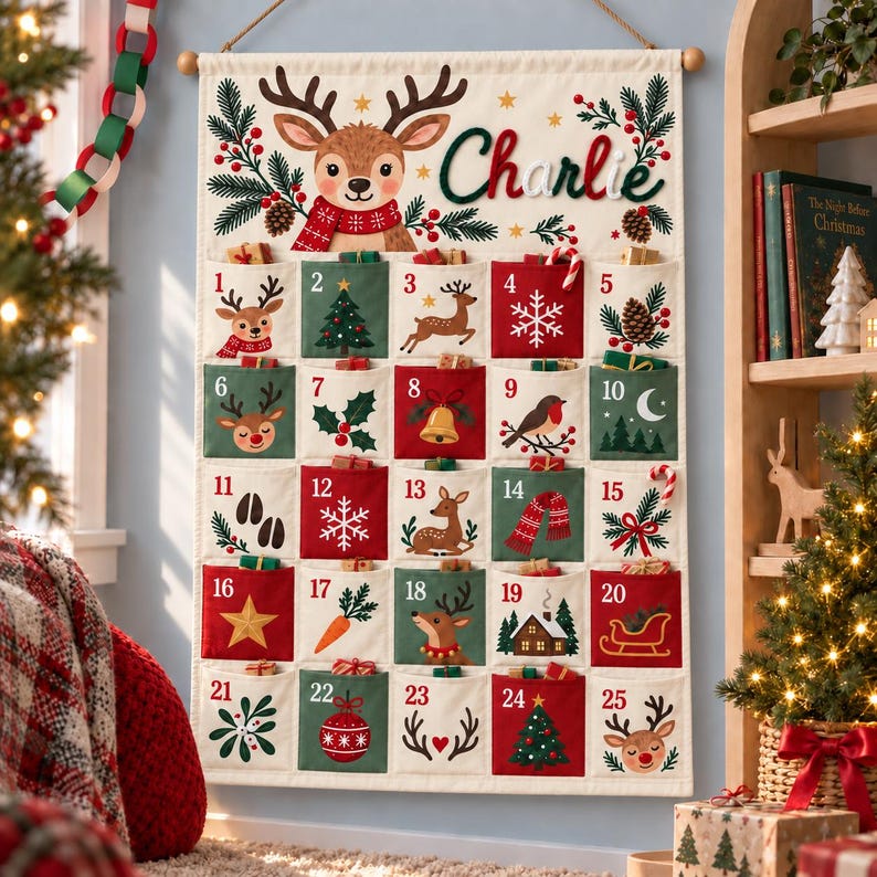 Personalisierter Rentier-Adventskalender mit 25 Taschen
