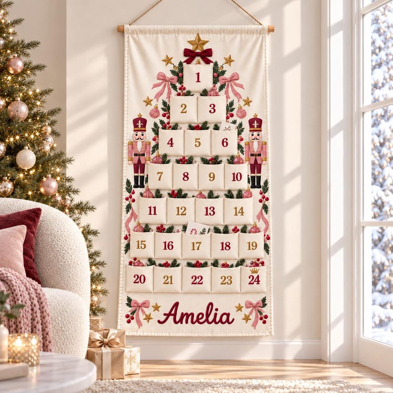 Personalisierter Stoff-Adventskalender Rosa Nussknacker mit 24 Taschen