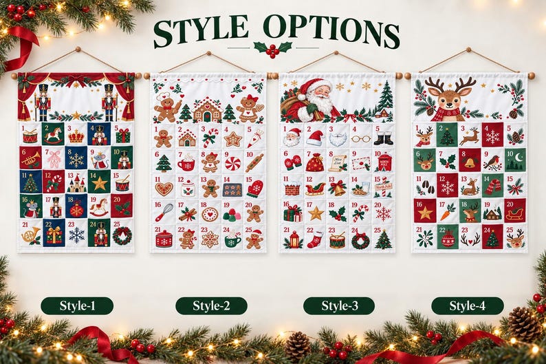 Vier Weihnachtsmotive des personalisierbaren Adventskalenders im Vergleich