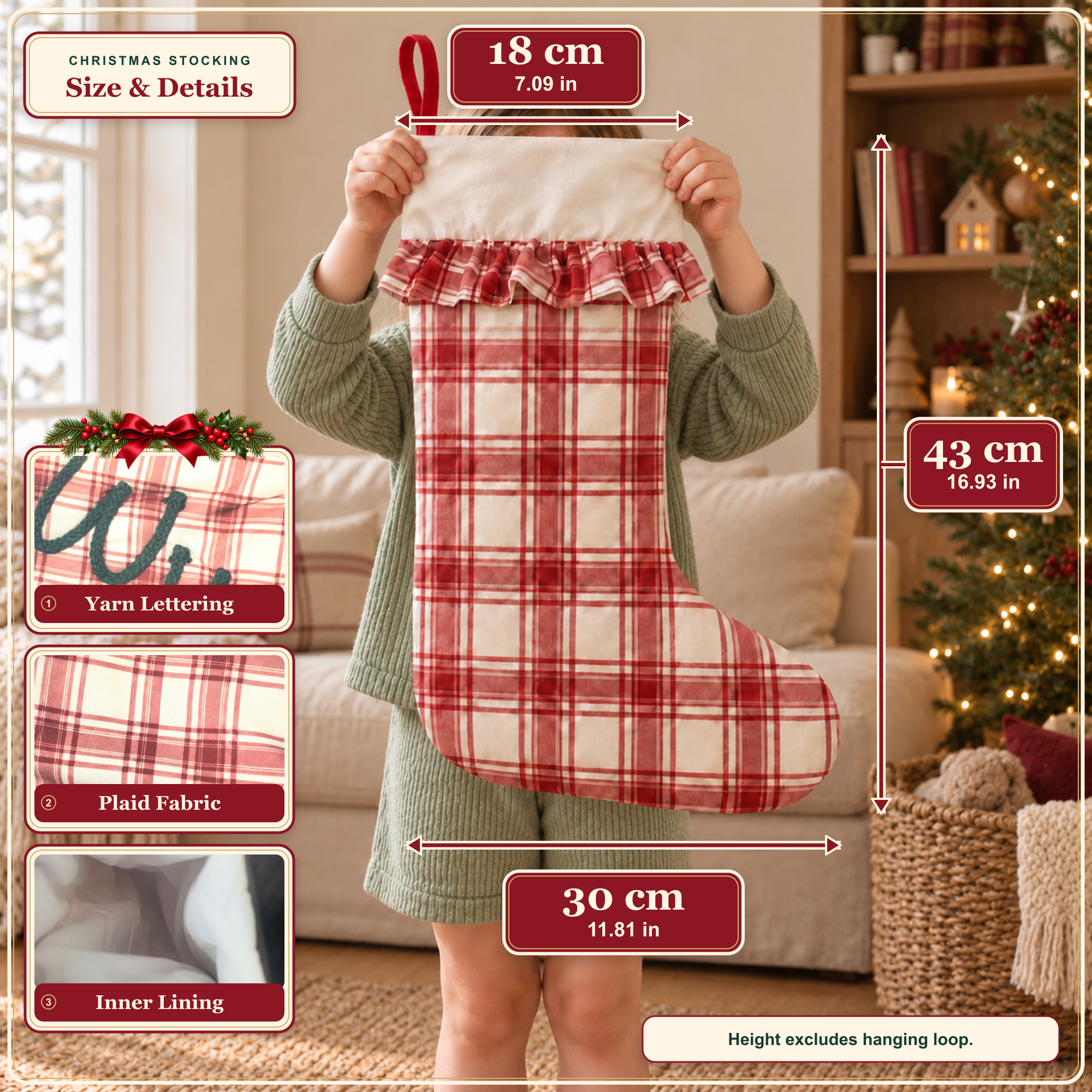 Maße des Weihnachtsstrumpfs: 43 cm hoch und 18 cm breit