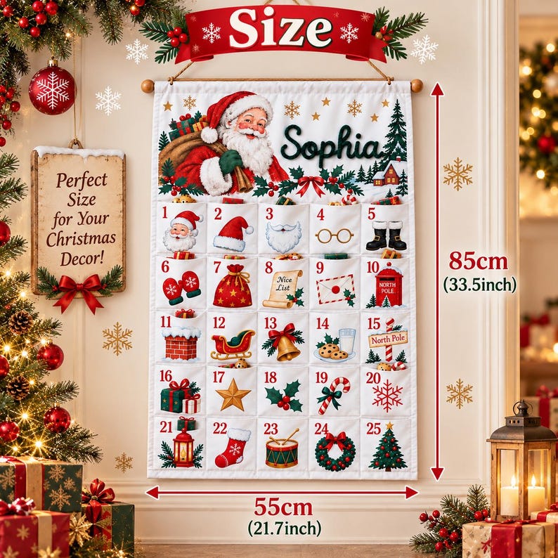 Maße des Adventskalenders mit 25 Taschen, ca. 85 × 55 cm