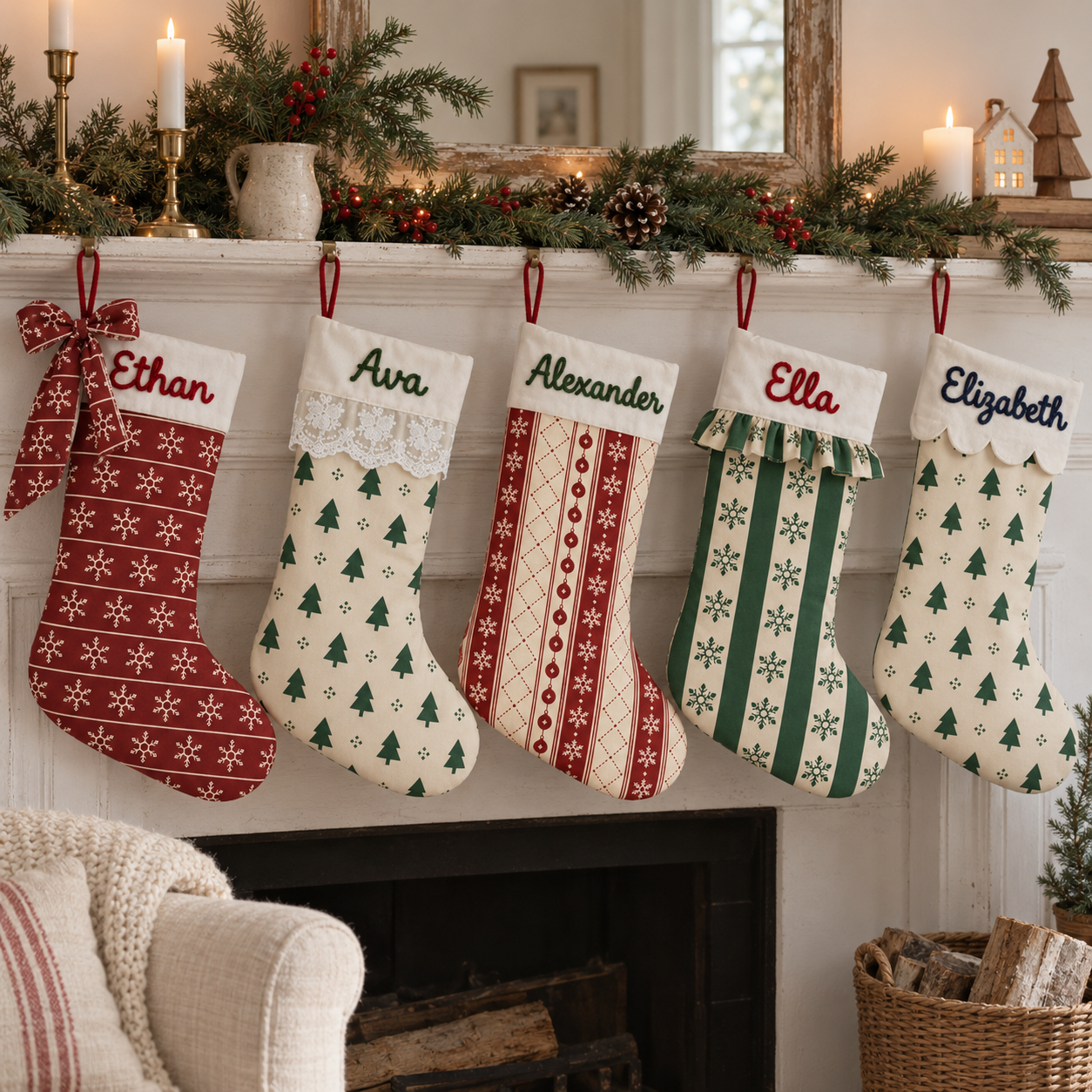 Fünf personalisierte Weihnachtsstrümpfe in vier festlichen Stoffmustern