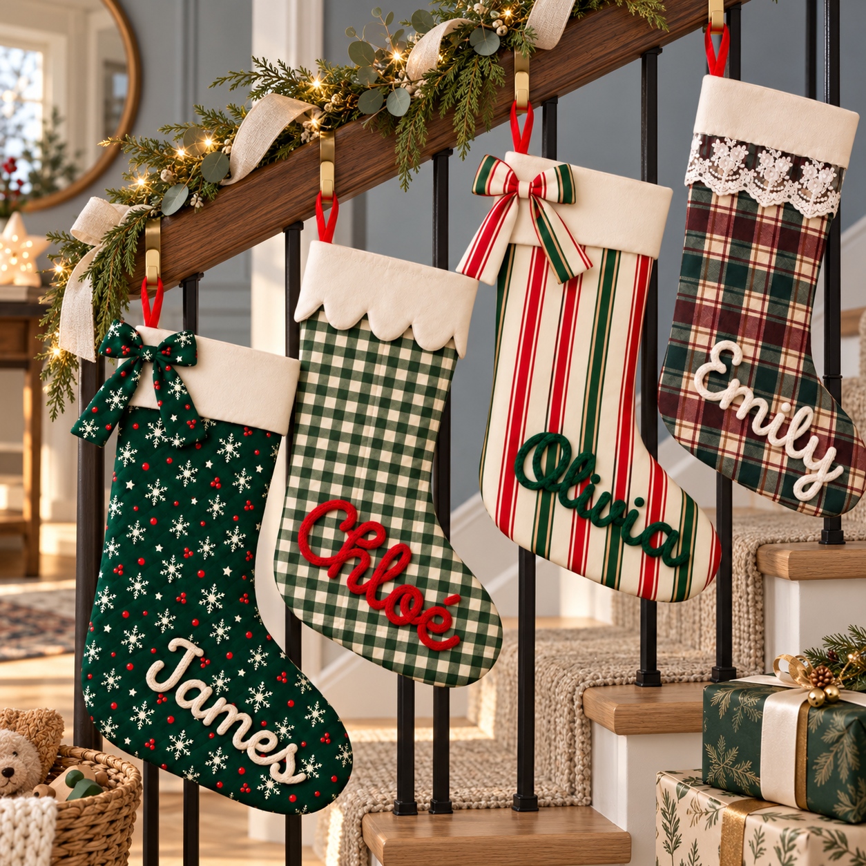 Vier Weihnachtsstrümpfe mit verschiedenen Stoffdesigns